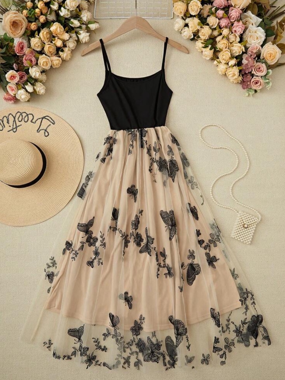 Black Bodice Beige Tulle Skirt Dress with Black Embroidered Floral Detail
